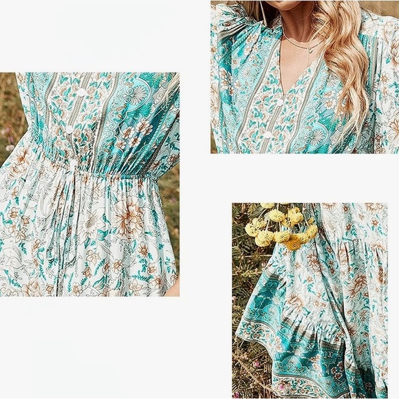 Aqua Floral Print Cottagecore Size 6 - Picture 6 of 9